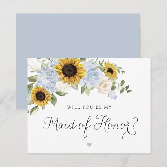Tarjeta de dama de honor de boda con girasoles azu (Anverso / Reverso)