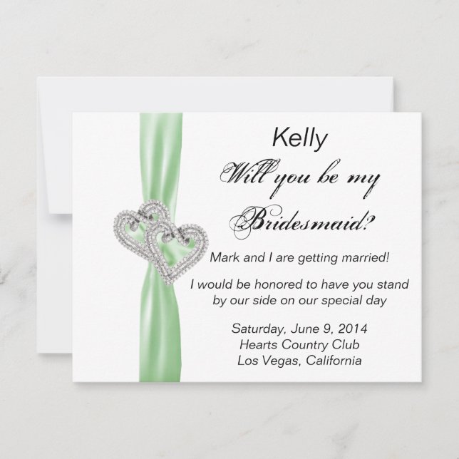 Tarjeta de dama de honor de boda Heart Green Diamo (Anverso)