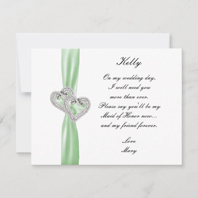 Tarjeta de Dama de Honor de Boda Verde Corazón de  (Anverso)