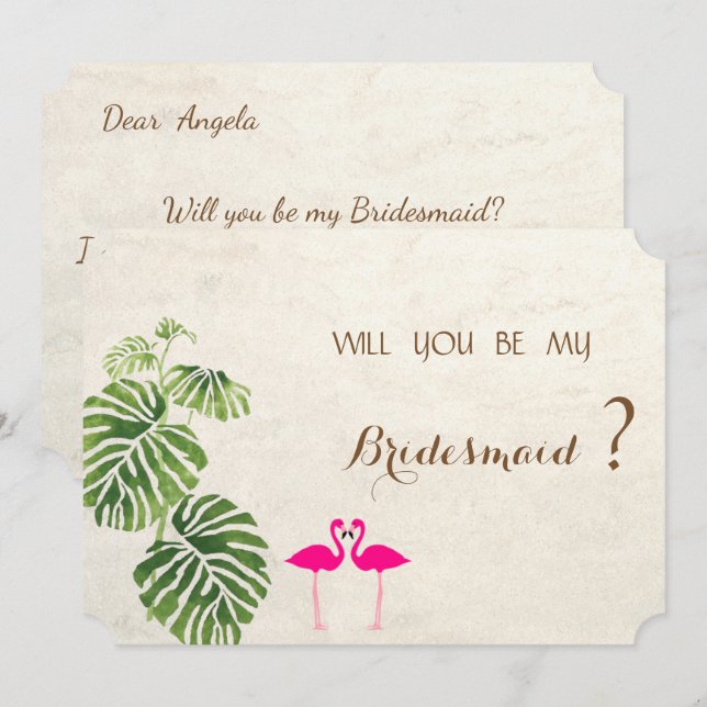 Tarjeta de dama de honor de Flamingos tropicales (Anverso / Reverso)
