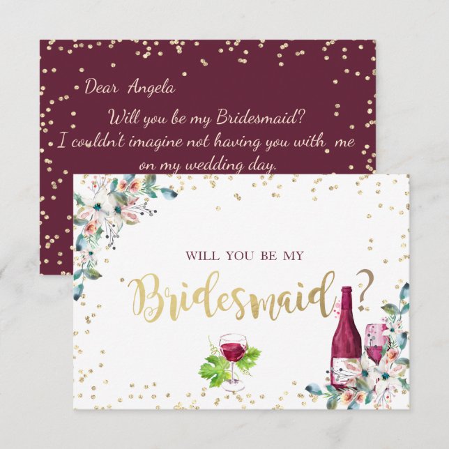 Tarjeta de dama de honor de flores borgoña diamant (Anverso / Reverso)