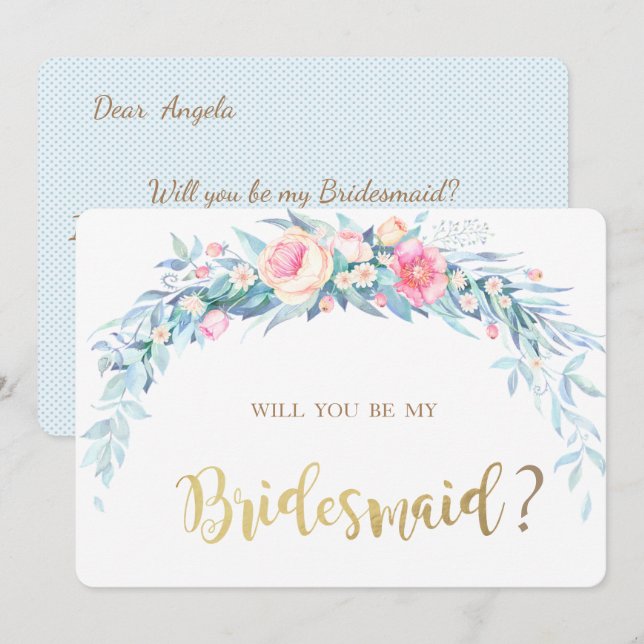 Tarjeta de dama de honor de flores de acuarela con (Anverso / Reverso)
