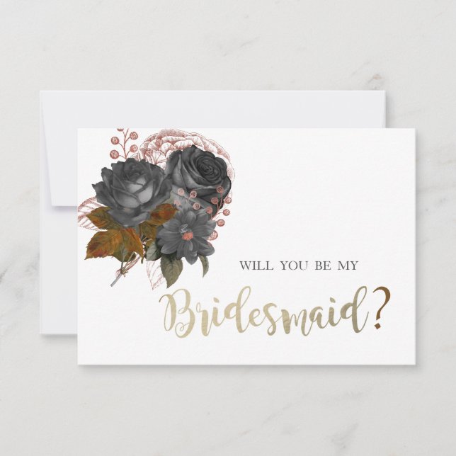 Tarjeta de Dama de Honor de Flores Negras Elegante (Anverso)
