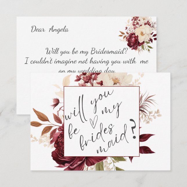 Tarjeta de Dama de Honor Flores Burgundy Chic (Anverso / Reverso)