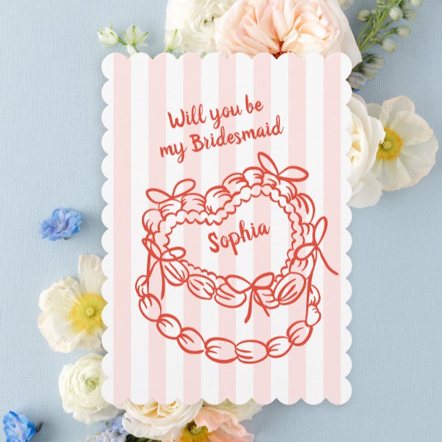 Tarjeta de dama de honor para tortas caprichosas (Whimsical cake bridesmaid card with scallop edge)