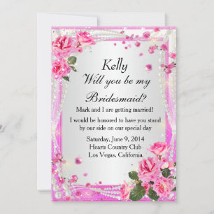 Tarjeta de Dama de Honor Rosas Rosadas y Perlas
