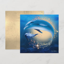 Tarjeta de delfines de fantasía oceánica con brill