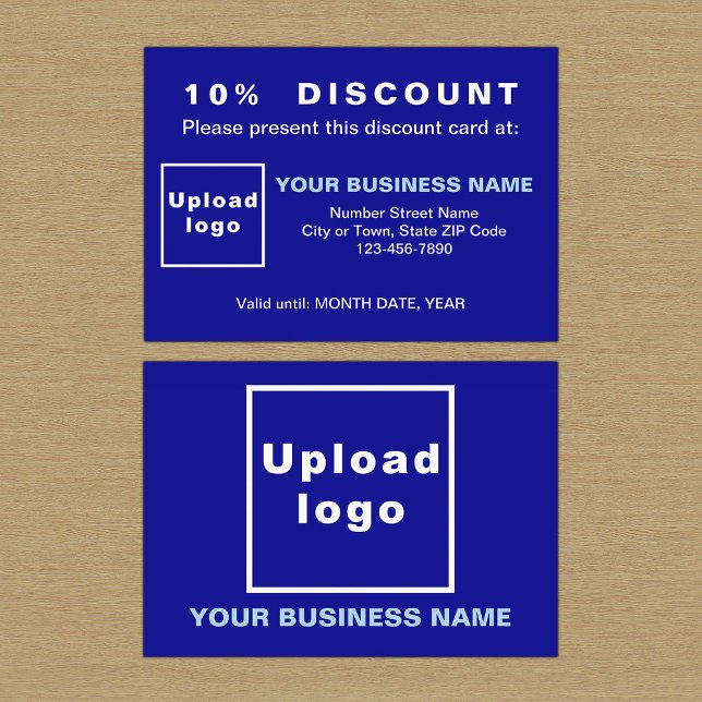 Tarjeta de descuento azul de negocios (Front and back sides of blue discount card for your business. Attract more customers or clients.)