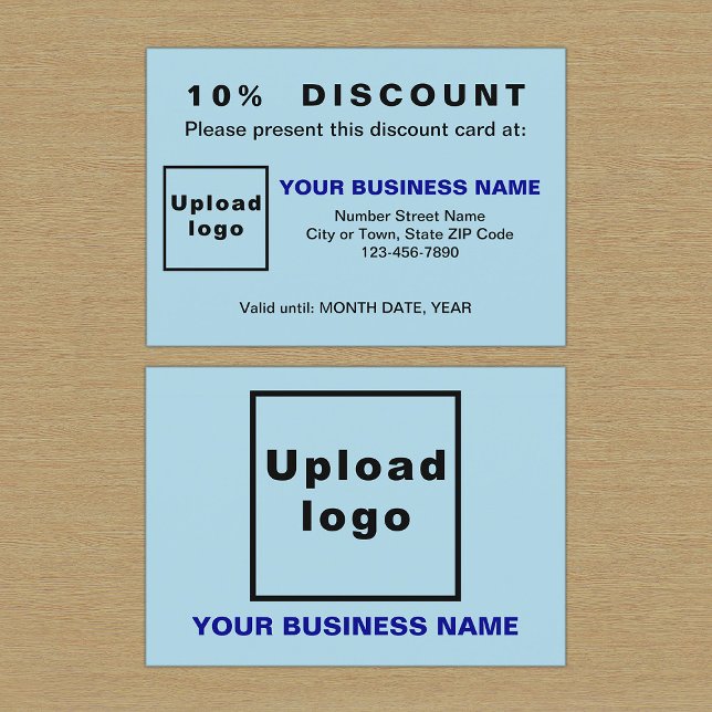Tarjeta de descuento azul para luz de negocios (Front and back sides of light blue discount card for your business.)