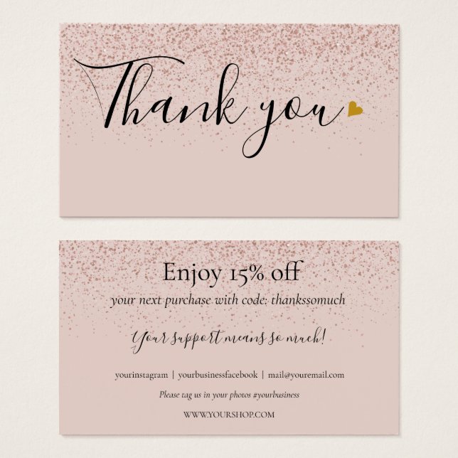 Tarjeta de descuento de agradecimiento en rosa oro (Anverso y reverso)