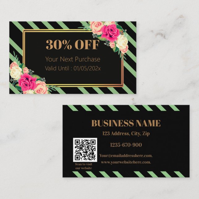 Tarjeta de descuento de código QR de rayas florale (Anverso / Reverso)