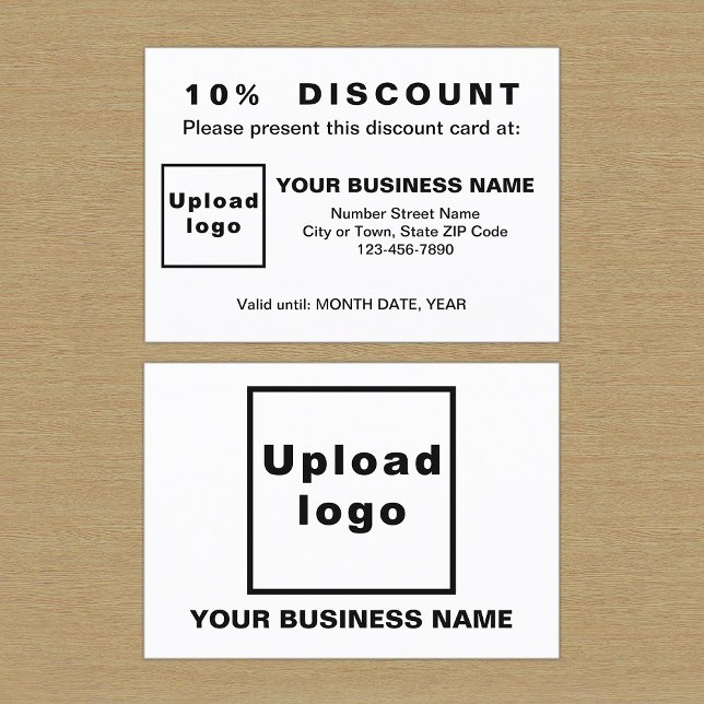 Tarjeta de descuento de diseño en blanco y negro p (Front and back sides of white discount card for your business. Attract more customers or clients.)