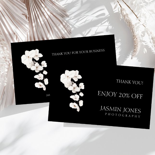 Tarjeta de descuento de negocios de orquídea flora (Modern Black and White QR Code Orchids Flowers Business Discount Card)