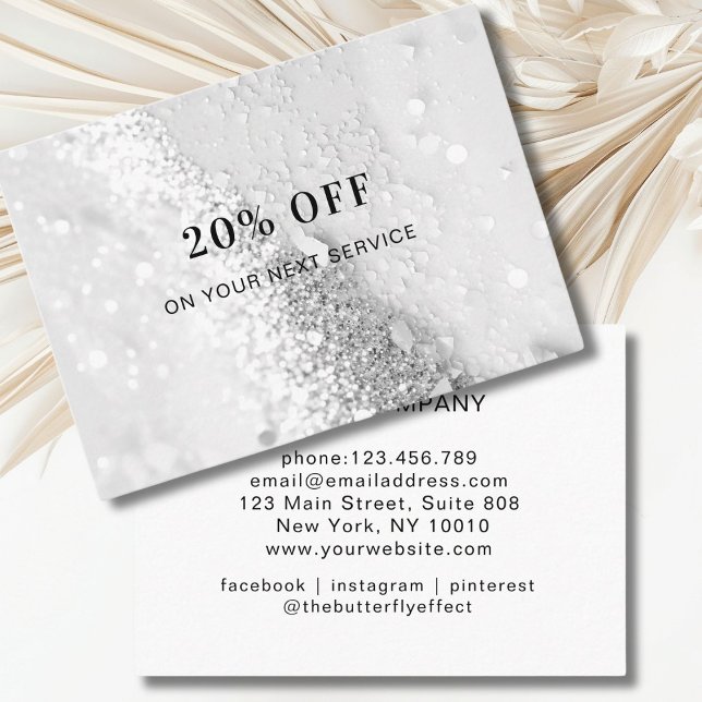 Tarjeta de descuento de purpurina (Silver Glitter Discount Card, personalized.)