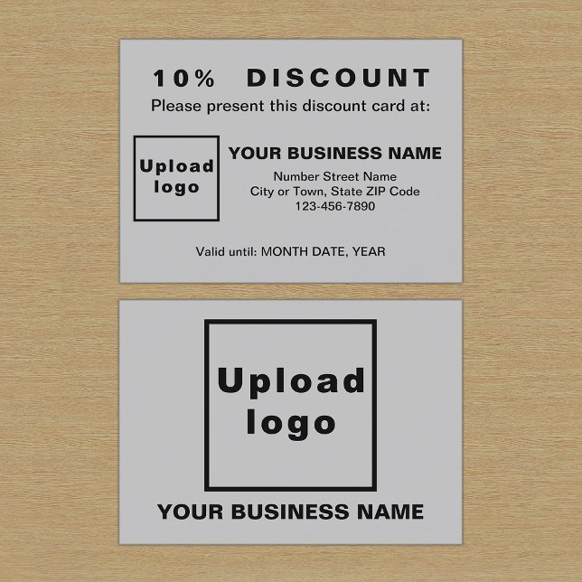 Tarjeta de descuento Gris para empresas (Front and back sides of gray discount card for your business. Attract more customers or clients.)