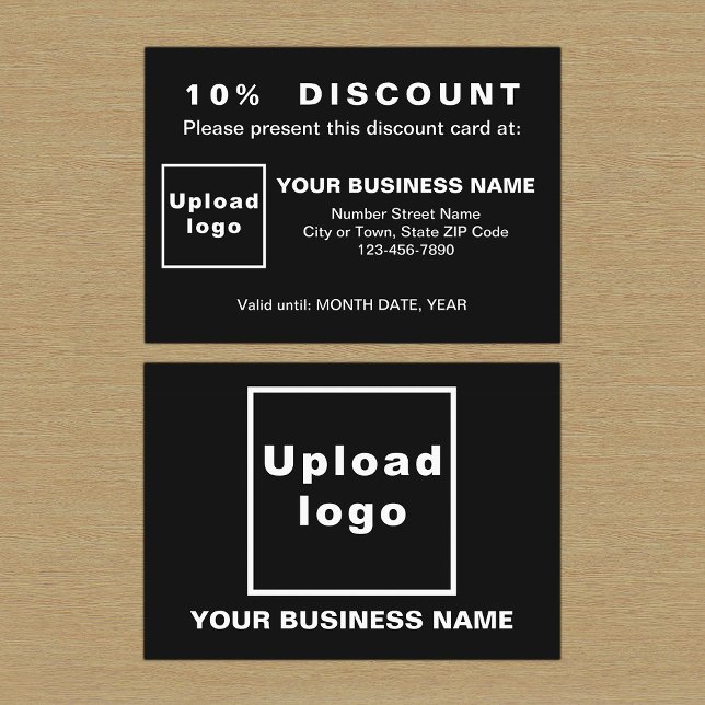 Tarjeta de descuento para negros de negocios (Front and back sides of black discount card for your business. Attract more customers or clients.)