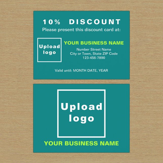 Tarjeta de descuento Verde azulada para empresas (Front and back sides of teal green discount card for your business.)
