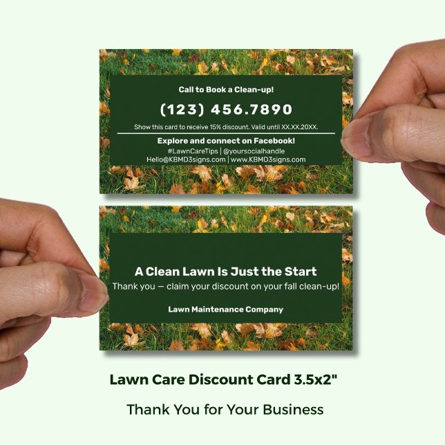 Tarjeta De Descuentos A Clean Lawn Is Just the Start Thank You  (A Clean Lawn Is Just the Start Thank You Discount Card; Size: 3.5x2 Inch, Green White Branding)