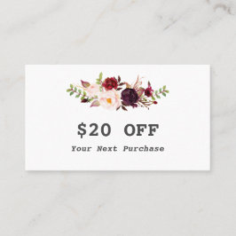 Tarjeta De Descuentos Acuarela moderna Burgundy Floral Makeup Artista