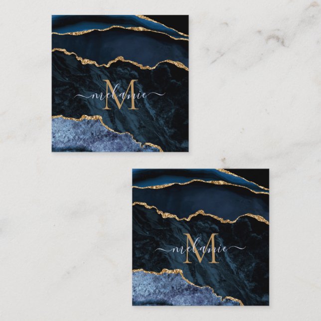 Tarjeta De Descuentos Agate Navy Blue Gold Gemstone Marble Monograma (Anverso / Reverso)