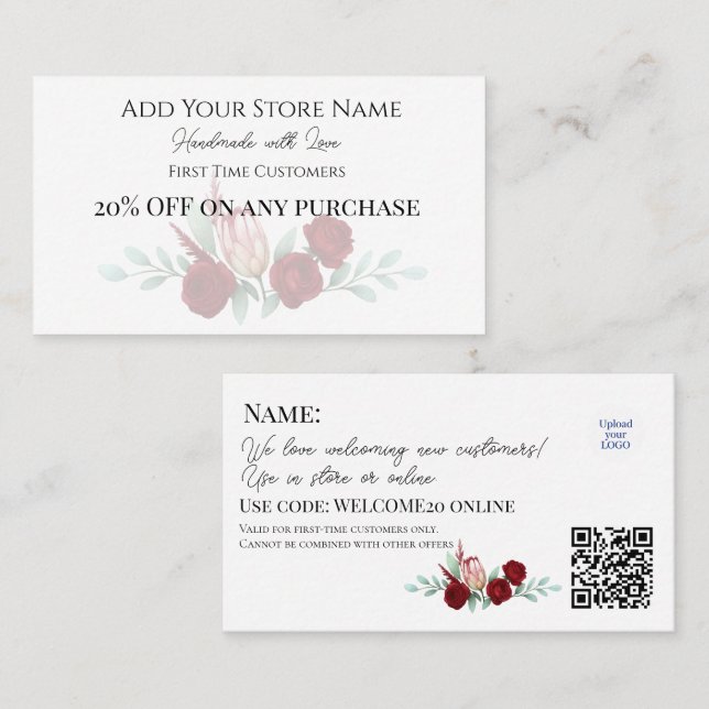 Tarjeta De Descuentos Clientes primerizos Elegante acuarela floral (Anverso / Reverso)