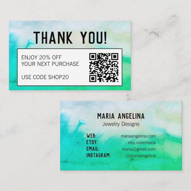 Tarjeta De Descuentos CÓDIGO QR de acuarela mínima simple y limpia (Anverso / Reverso)