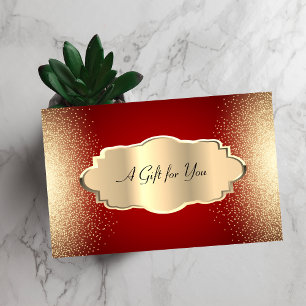 Tarjeta De Descuentos Confetti moderno elegante, rojo, marco dorado