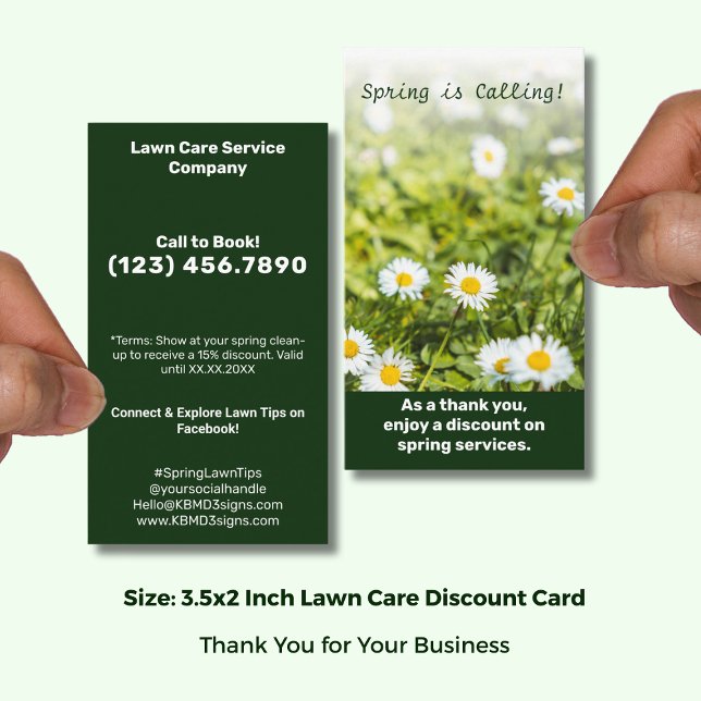Tarjeta De Descuentos Cuidado de césped ¡Gracias! en Servicios de Primav (Lawn Care Thank you! on Spring Services Discount Card; Size 3.5x2 (US) Portrait Format)