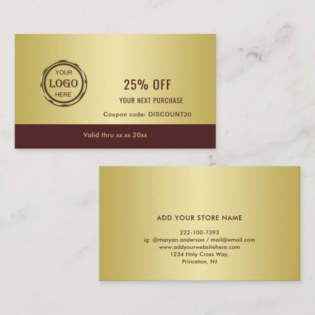 Tarjeta De Descuentos Dark-red gold design,Logo or Photo in gold circle, (Anverso / Reverso)