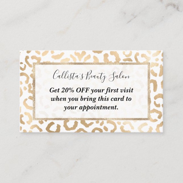 Tarjeta De Descuentos Elegante animal de leopardo blanco de oro (Anverso)
