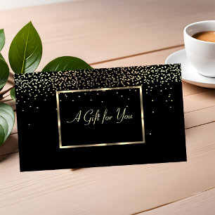 Tarjeta De Descuentos Elegante marco dorado moderno, negro confetti