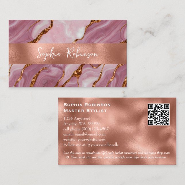 Tarjeta De Descuentos Elegante Mauve Marble y Faux Copper Business Card (Anverso / Reverso)