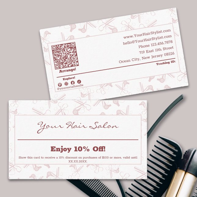Tarjeta De Descuentos Elegante peluquero profesional rosa y blanco (Elegant Professional Pink & White Hairdresser Discount Card)