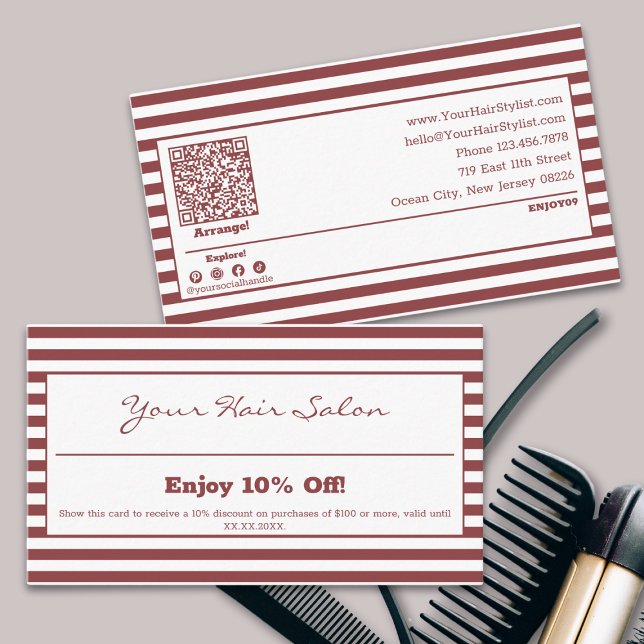 Tarjeta De Descuentos Elegante Salón Profesional de pelo rayado 10% (Stylish Professional Striped Hair Salon 10% Discount Card, Terms, QR code, Social, Tracking)