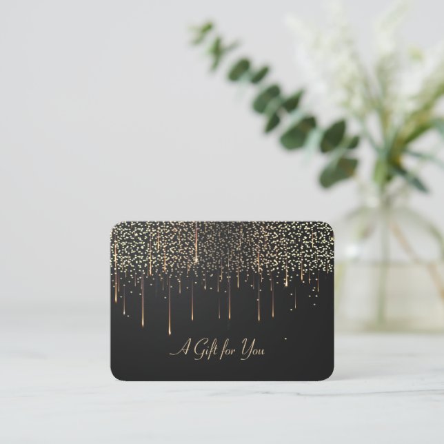 Tarjeta De Descuentos Elegantes gotas de oro modernas, confeti (Anverso de pie)