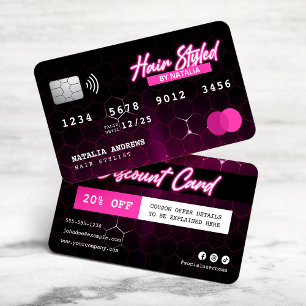 Tarjeta De Descuentos Estilista de cabello profesional negro y rosa
