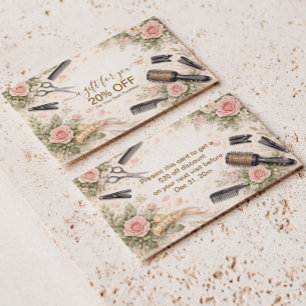 Tarjeta De Descuentos Estudio de Peinado Floral Elegante Negocio