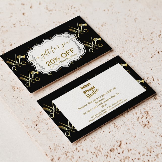 Tarjeta De Descuentos Glam Black Gold Hair Stylist Business (Subido por el creador)