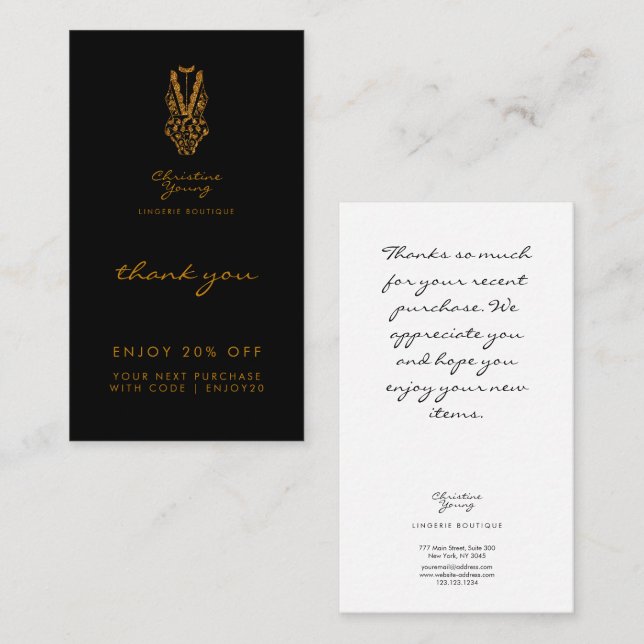 Tarjeta De Descuentos Gracias Black Gold Purpurina Lingerie Boutique (Anverso / Reverso)