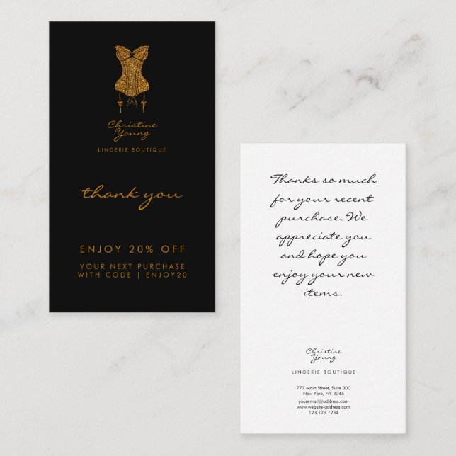 Tarjeta De Descuentos Gracias Black Gold Purpurina Lingerie Boutique (Anverso / Reverso)