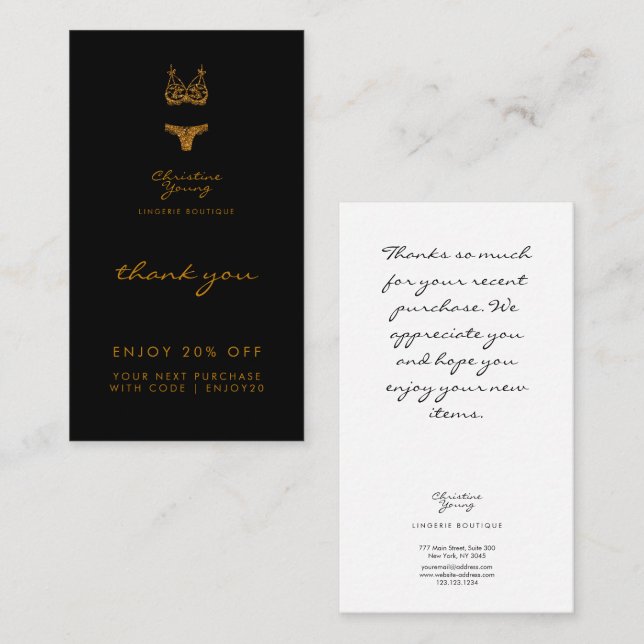 Tarjeta De Descuentos Gracias Purpurina Black Gold Lingerie Boutique Dis (Anverso / Reverso)