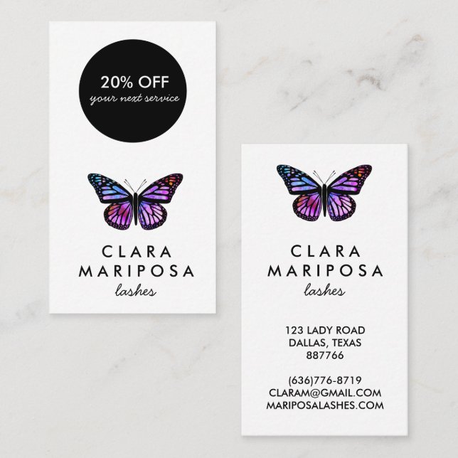 Tarjeta De Descuentos Hermosa mariposa morada Belleza Yoga Ilustrado (Anverso / Reverso)