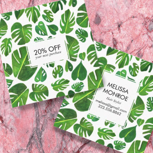 Tarjeta De Descuentos Hojas tropicales de Monstera ilustradas acuarela