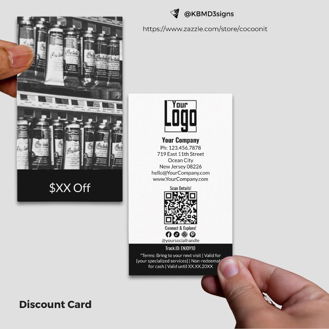 Tarjeta De Descuentos Imagen Personalizado de moda $XX desactivado (Trendy Custom Image $XX Off Discount Card for Specific Service Black and White)