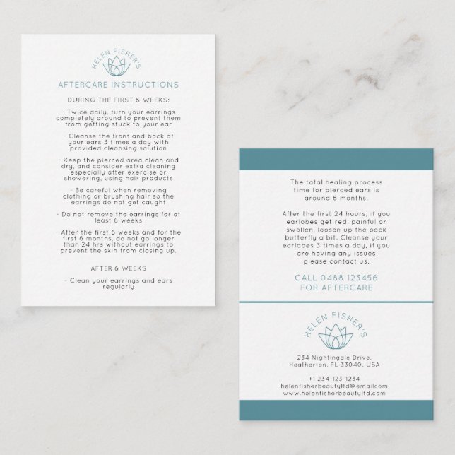 Tarjeta De Descuentos Instrucciones de perforación de oído después del c (Anverso / Reverso)