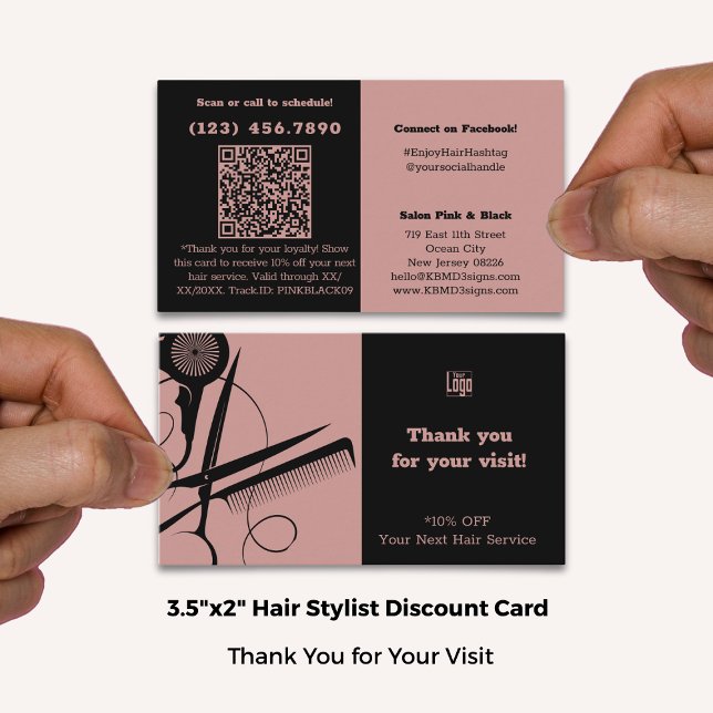 Tarjeta De Descuentos Logotipo de salón moderno Código QR Negro rosa Gra (Modern Salon Logo QR Code Pink Black Thank You Discount Card; Standard Size: 3.5x2 Inch (US))