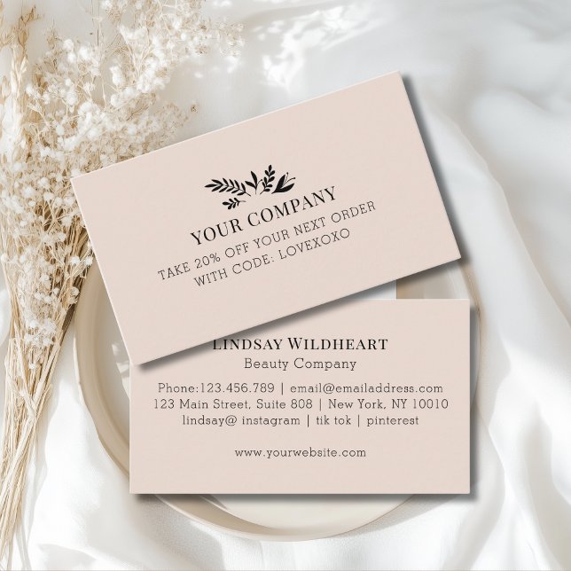 Tarjeta De Descuentos Minimal Floral Beige Botanical Salon Discount Card (Custom Minimal Floral Beige-Blush Botanical Salon Discount Card)