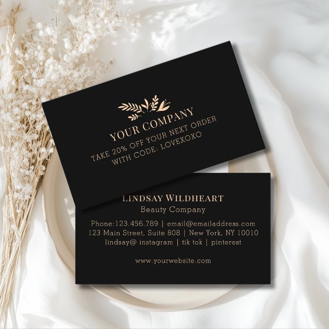 Tarjeta De Descuentos Minimal Floral Black Botanical Salon Discount Card (Custom Minimal Floral Black Botanical Salon Discount Card)