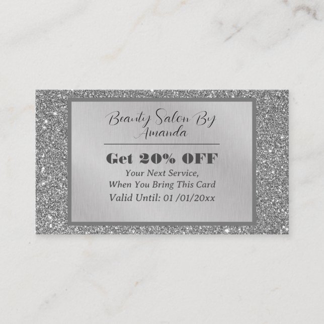 Tarjeta De Descuentos Moda Relieve metalizado plateado de lujo Purpurina (Anverso)