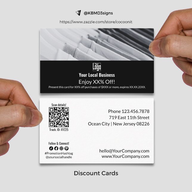 Tarjeta De Descuentos Moderna empresa promocional local XX% (Modern Promotional Local Business XX% Discount Card, landscape Format, Black and White, Custom Image)